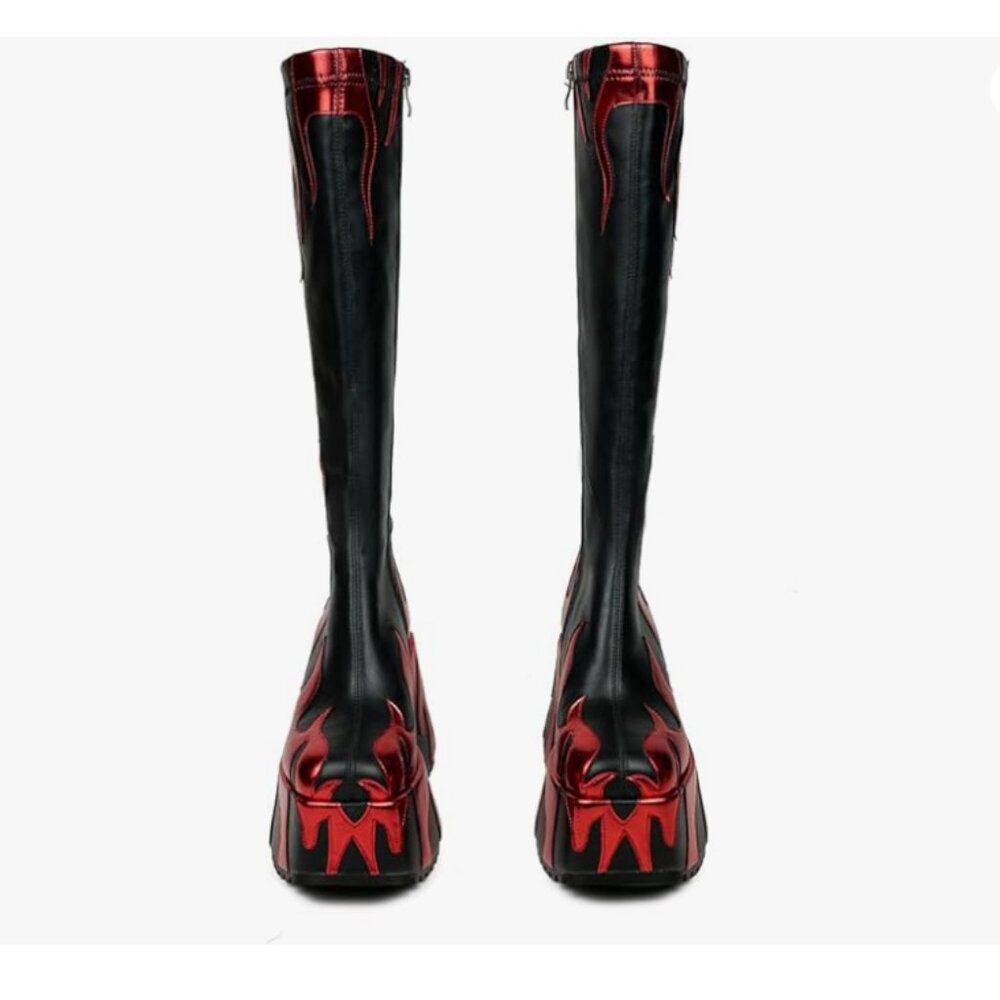 Women’s side zipper high fire red heeled boots - Picture 3 of 6